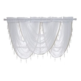 ANCLLO 3 Panels White Solid Waterfall Valance Window Curtain Linen Texture Rod Pocket with Tassel Accessories for Living and Bedroom Curtain 145 x 94cm