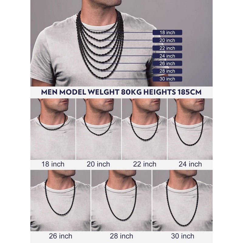 Mens 6MM Rope Chain Necklace 22 Inch Solid Stainless Steel
