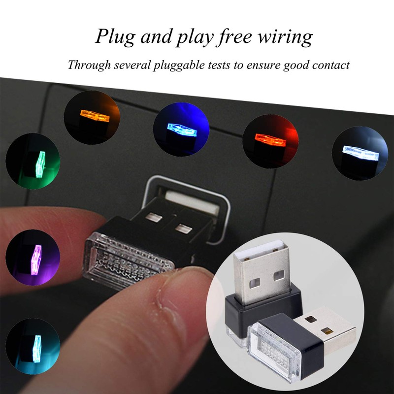 Febrytold 4Pcs Blue USB Car Interior Atmosphere Lamps, Universal Mini