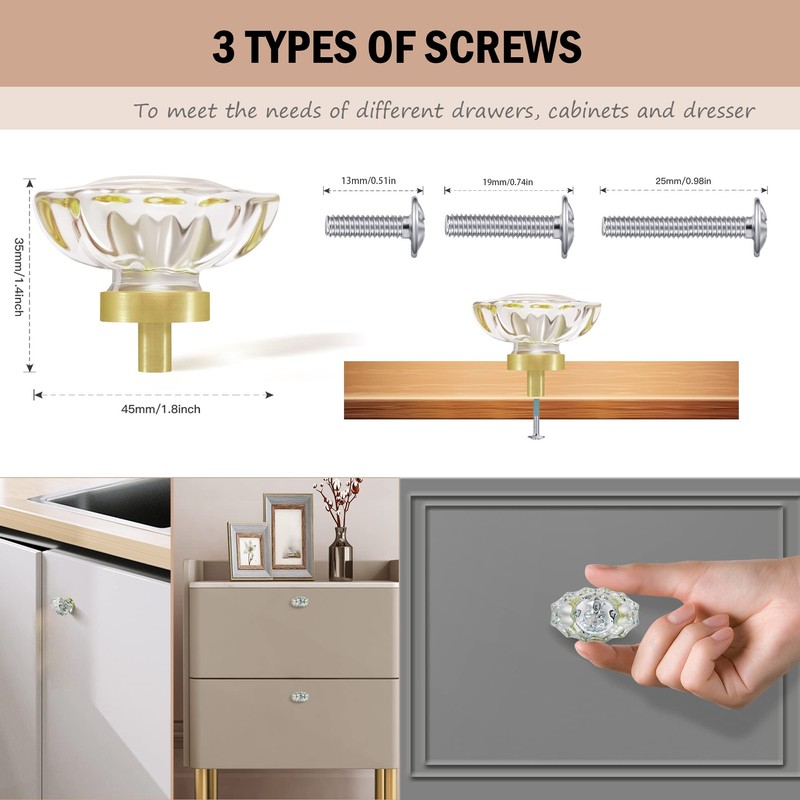 SHINY HANDLES Satin Brass Glass Cabinet Knobs,Clear Crystal Drawer Pulls