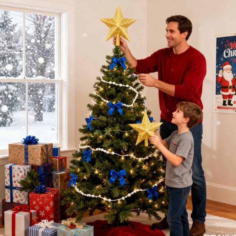 20CM/7.8" Gold Star Christmas Tree Topper Glitter & Shine for