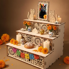 Thyle Cat Dia De Los Muertos Altar Ofrenda, Wooden Day of The Dead Decorations Dia De Los Muertos Shadow Box Mexican Cat Altar Picture Frame Memorial Shrine for Pet Supplies