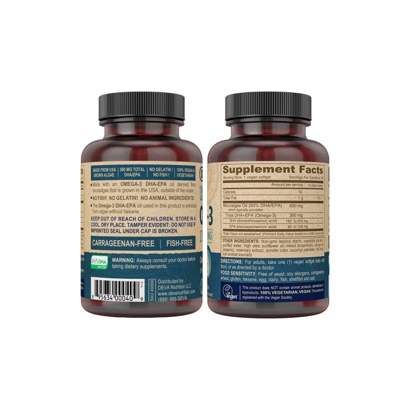 Deva Nutrition Vegan DHA-EPA Nutritional Supplement Softgel, 300 mg, 90