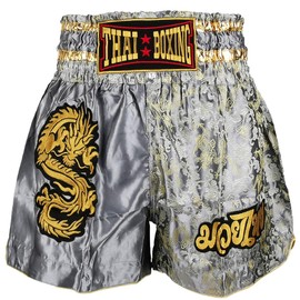 THAI BOXING Embroidered Muay Thai Pants, Dragon Dragon, Kickboxing, Martial Arts, Boxing Trunks, gray, M