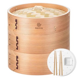 AutJrny Cedar Steamer Basket 10 Inch | Extra-Deep 2 Tier Bamboo Steamer for Cooking | 50 Liners, 2 Chopsticks, Sauce Dish | Steaming Asian Food, Bao Buns, Dim Sum, Dumpling, Rice, Vegetable Steam Pot