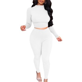 BORIFLORS Women's 2 Piece Outfits Sexy Crop Top Jogger Track Suits Workout Leggings Pants Sets,X-Large,White