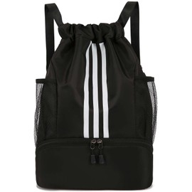 YouNuo Drawstring Backpack, Water-resistant Sports Gym Bag for Women Men, Large String Bag Sackpack Clinch with Ball & Shoes Compartment for Sports, Gym, Travel, Fits Basketball, Football, 1-Black