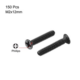sourcing map M2 x 12 mm Phillips Flat Head Screw Cap Black for Laptop PC TV Fan Switch Pack of 150