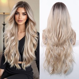 ZephyrLume 28" Heat Resistant HD Lace Front Wig with Undetectable 13x6 Lace - Ombre Platinum Blonde with Dark Roots Synthetic Hair, Freestyle Parting (SWLF1060-3BL28)