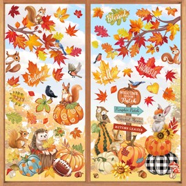 wondever Fall Pumpkin Leaves Window Clings Thanksgiving Autumn Harvest Maple Leaves Animals Glass Sticker Decal Anti Collision Double-Side Static Window Stickers for Home Glass Window