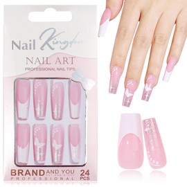 EternalClassic White French Tip Press on Nails Long Square Glitter Fake Nails with Butterfly Design, Glossy Acrylic Nails Press on 24pcs False Nails Stick on Nails for Women