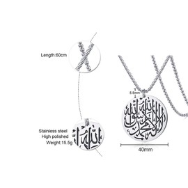 Hisatan Unisex Stainless Steel Muslim Quran Shahada Arabic Calligraphy Islam Allah Round Pendant Necklace