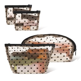 Alrhso 4 Piece Heart Printed Mesh Makeup Bag Set - Zipper Mesh Cosmetic Bag, Portable Travel Meshes Cosmetic Bags for Home, Offices, Travel Accessories
