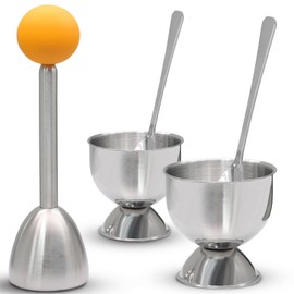 vibedor Egg Cups & Topper Set of 5, 1 Stainless Steel Egg Topper Cutter - 2 Egg Holders for Soft Boiled Eggs - 2 Egg Spoons for Boiled Eggs