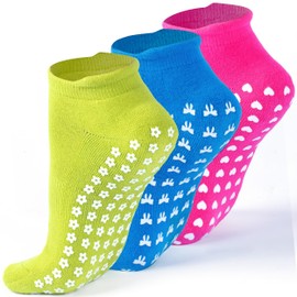 Non Slip Socks With Grip, Yoga Socks with Grips for Ballet, Barre, Pilates, Trampoline, Dance, Hospital, Home, Green Blue Pink Gripper socks X 3 Pairs UK Size 3-8