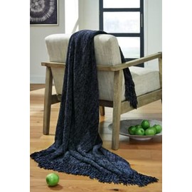 Signature Design by Ashley Tamish Casual 50" x 60" Woven Textured and Knotted Fringe Throw, Blue