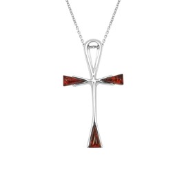 Kiara Jewellery 925 Sterling Silver Brown Amber Cross Pendant Necklace 18" Sterling Silver Chain, Sterling Silver, Amber