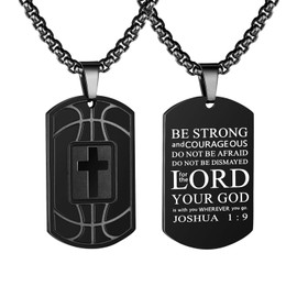 RUOOUY Basketball Bible Verse Cross Necklace for Men Inspirational Bible Verse Dog tag Pendant Stainless Steel Chain 22+2 inch Sports Religious Jewelry Basketball Gift for Men（Be Strong-Black）