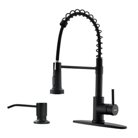 WEWE Black Kitchen Faucet with Soap Dispenser, Kitchen Sink Faucet with Pull Down Sprayer Stainless Steel Single Handle High Arc Pull Out Matte Black Faucet for Bar Laundry RV Utility