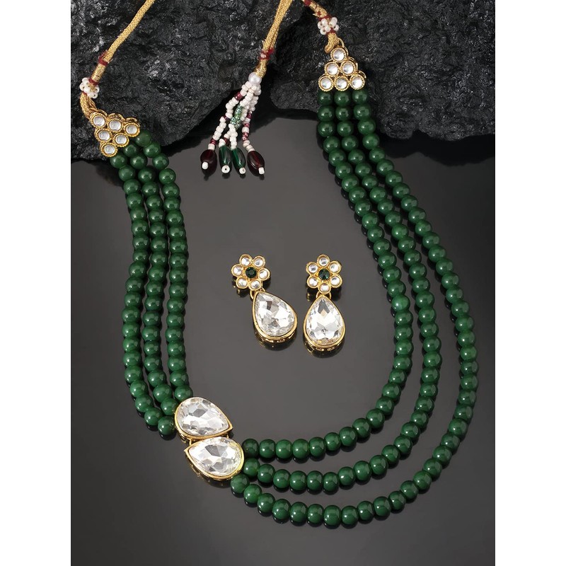 Aheli Pearl Mala Collar verde con pendientes para mujeres Niñas