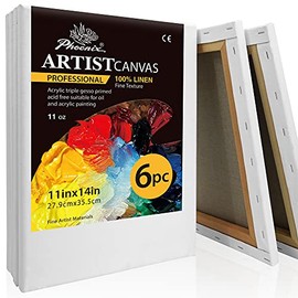 PHOENIX 11.2 Oz Linen Stretched Canvas, 11x14 Inch/6 Pack - 3/4 Inch Profile, Fine Texture - Triple Primed Blank Smooth Professional Stretched Canvas for Oils, Acrylics, Pastels & Detail Painting