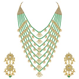 Aheli Multi Layered Green Pearl con Kundan Collar Pendiente Indio Tradicional Ética Joyería de Bollywood