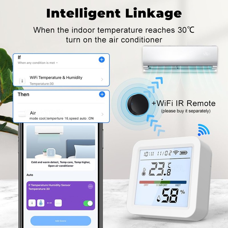 WiFi Hygrometer Thermometer, Indoor Tuya Wireless Smart Temperature and Humidity