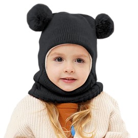 Baby Winter Hat,Winter Hats for Kids Winter Warm Hat Hooded Scarf Set Windproof Beanie Cap,Toddler Winter Hat Pom Pom Hats for Babies 1-3 Boys Girls Christmas Birthday Gifts (UK, Age, One Size, Black)