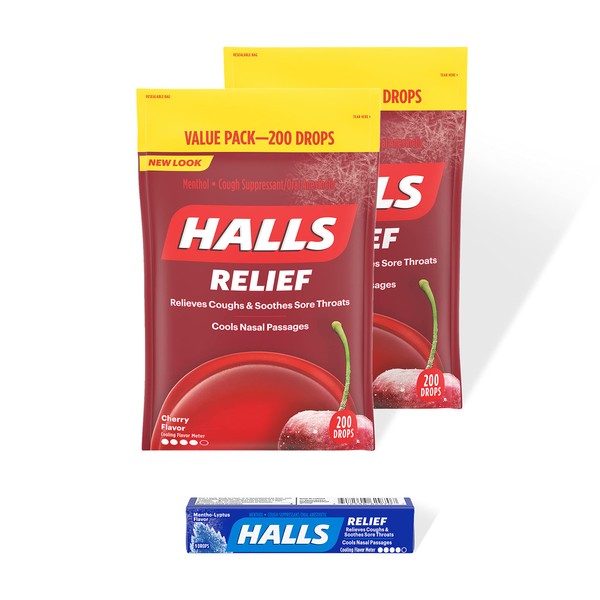 HALLS Relief Cherry Cough Drops, 2 Value Packs (400 Total Drops) + Bonus 9 Count HALLS Relief Mentho-Lyptus Cough Drops