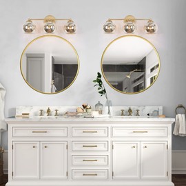 Durent Lighting Gold Vanity Lights, Modern Bathroom Light Fixtures with Mercury Glass Shades, 3 Light Vanity Lighting Over Mirror