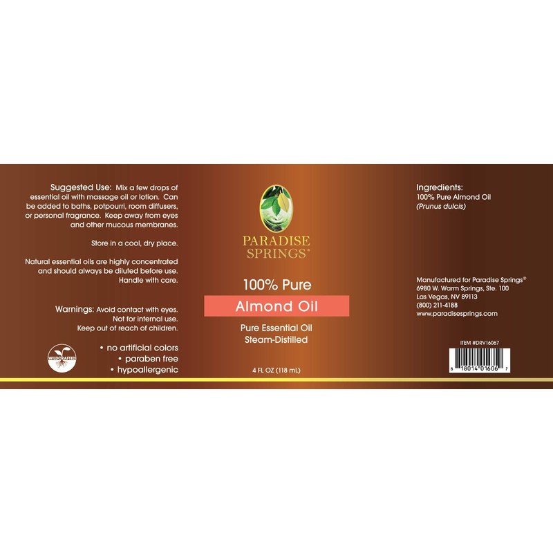 Paradise Springs 100% Pure Essential Oil Wildcrafted Almond Oil 118mL