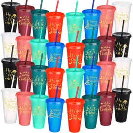 Skylety 32 Pcs Christmas Plastic Tumbler with Lid and Straw 24oz Plastic Holiday Stadium Cup Christmas Cup Red Cup Christmas Mug Reusable Adult Cup for Christmas Party Supplies, 8 Designs (Multicolor)