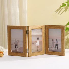 FALAZAR Triple Hinged Photo Frame, Multi-Panel Folding Display, Fits Photo Size 4 x 6" (10.2 x 15.3cm), Small Portrait Picture Frame with Stand Freestanding Photo Certificate Display (Natural,4 x 6)