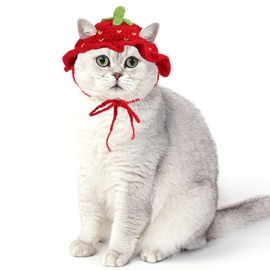Piriuuo Strawberry Cat Hat, Cotton & Soft Cute Knitted Hats for Cats Birthday Party Christmas Puppy Hat for Small Pets (Red, M)