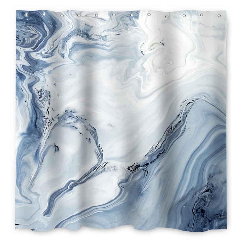 MIRRORANG Shower Curtain with 12 Hooks, Fabric, Light Blue Marble