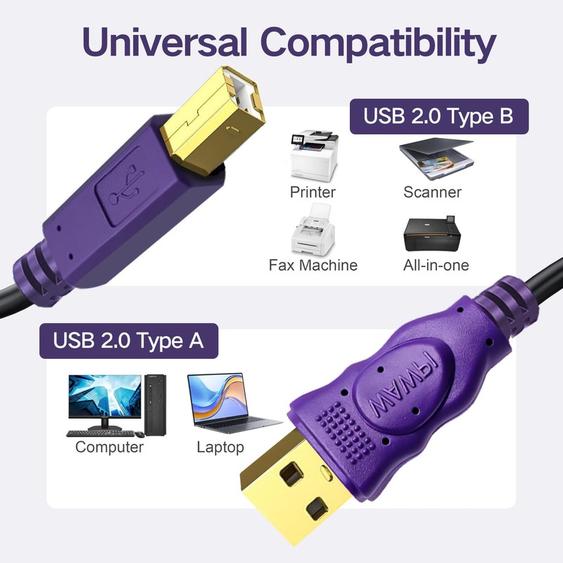 wawpi Printer Cable, USB 2.0 Cable A-Male to B-Male for