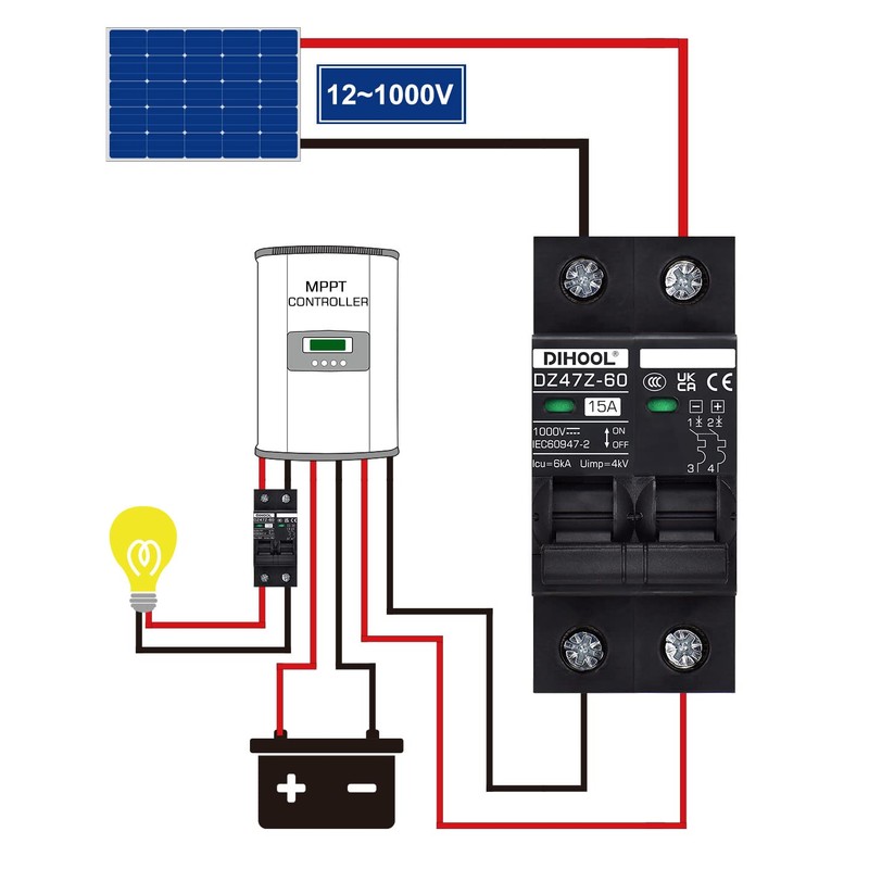 DIHOOL 2 Pole DC 12-1000V 15A Miniature Circuit Breaker for