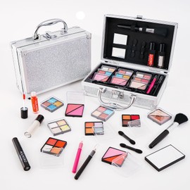 AOLIKOKO Makeup Kit for Teenager & Women Full Kit, All in One Makeup Set With The Small Cosmetic Train Case, Professional Makeup Kit, Makeup Gift Set for Women Girls (silver)