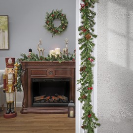 National Tree Company First Traditions Pre-Lit Christmas Wreath and Two Garlands with Berries and Pinecones, Warm White LED Lights, Battery Operated, 9 ft