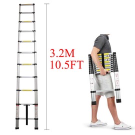 EN131 10.5ft/3.2m Telescoping Ladder Aluminum Telescopic Extension Tall Multi Purpose Loft Attic Straight Ladder 330lbs