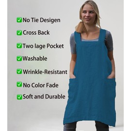 Stomeshle Japanese Aprons Plus Size Smock for Women with Pockets Cross Back Pinafore Dress Apron Baking Cooking Kitchen Gardening