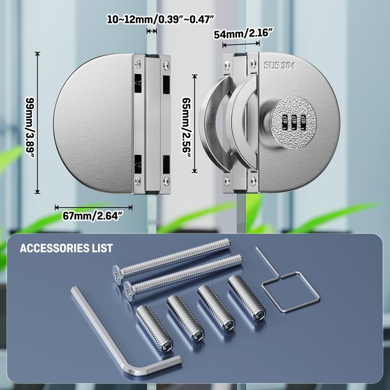 Ranbo Frameless Mechanical Combination Glass Door Lock, No-Drill Installation, Fits
