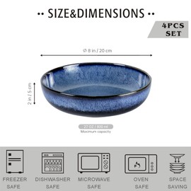 UNICASA Ceramic Pasta Bowls, Porcelain Salad Set of 4, 26 oz for Kitchen, Large Serving, Reactive Glaze Dish, Microwave and Dishwasher Safe, Blue