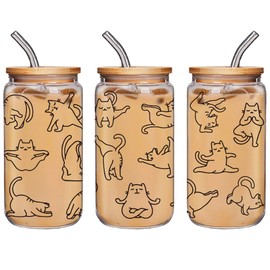 Qubereeree Funny Cat Yoga Cup Gifts for Women Cats Lovers, Cute Cat Mom Gift, Novelty Gifts for Women, Daughter, Sister, Aunt, Wife, Friends, Humor Birthday Gift Glass Cup