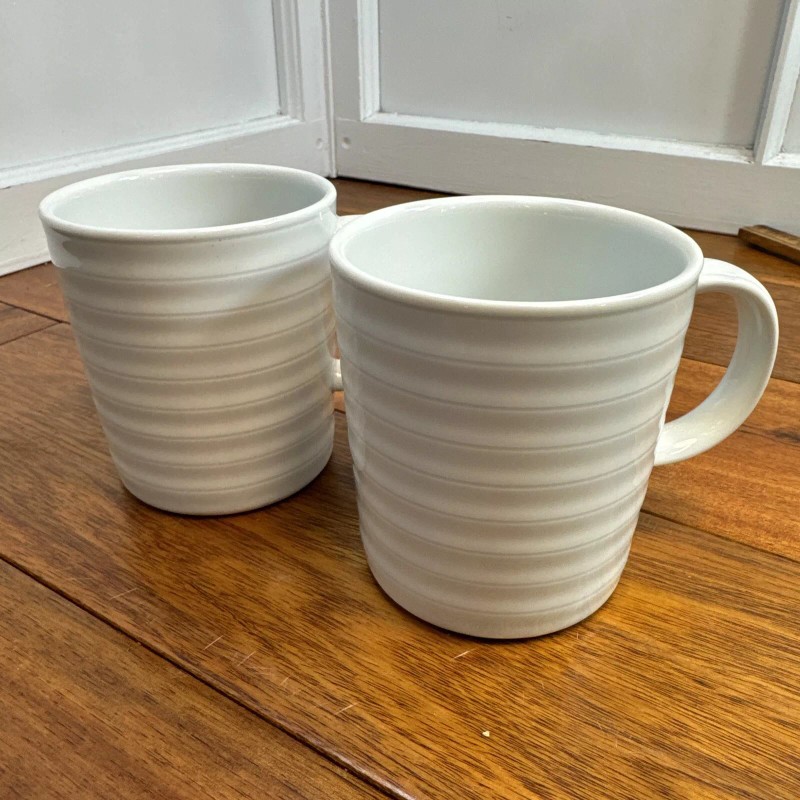 Crate & Barrel Roulette White Ribbed Mugs Spal Porcelain Portugal