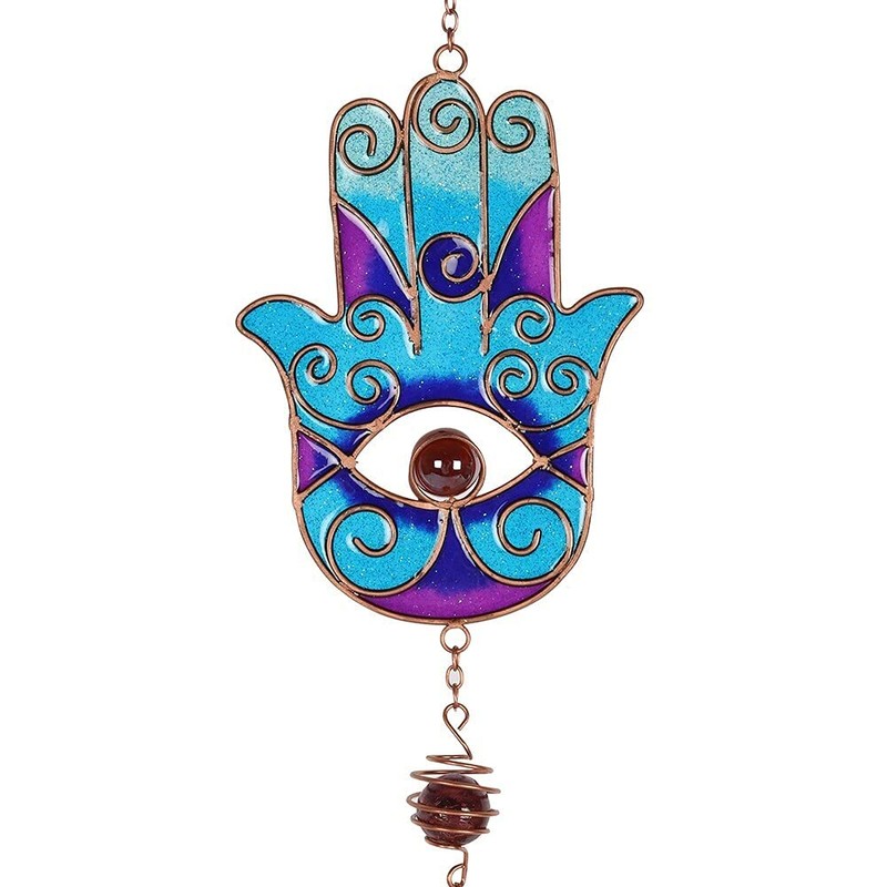 Vibrant Blue Metal Hand of Hamsa Windchime - 73cm x