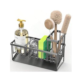 Sponge Holder for Kitchen Sink, Sink Caddy with High Brush Holder and Stainless Steel Self Drain Tray, Organizer Countertop Rustproof 304 Stainless Steel, Soap Dispenser Kitchen Organizers (B-Black)