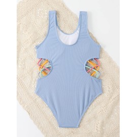 Milumia Traje de baño de una pieza de punto acanalado con cuello redondo recortado para niña, Azul Multicolor, 9 Años