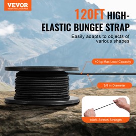 VEVOR Bungee Cord Roll, 3/8’’ X 120ft Elastic Cord, 100% Stretch Elastic Bungee Shock Cords for Cargo, Tarps, Camping, Kayak Deck and Crafting, Black