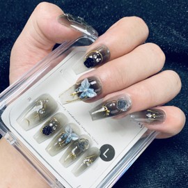 CAMILCY Handmade Nails Press on Nails Coffin Armor Black Hand Painted Reusable Gel UV Finished Pre Shaped False Nails for Women 10pcs 3D Handmade False Nails(Gradient black size L 10Pcs)